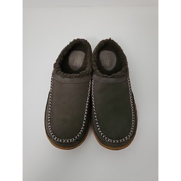 LL BEAN Mountain Slipper Scuffs Mens 7 Ash Gray Suede Leather Fleece Lined Comfy - Picture 2 of 9